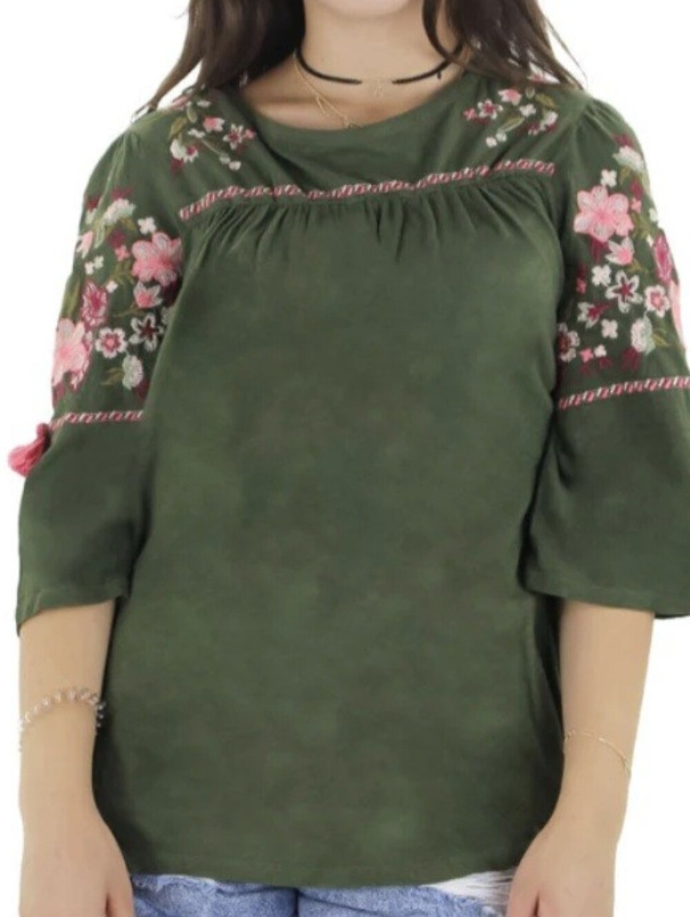 NWT St. John's Bay Olive Green Womens Top  size 2X Floral Embroidery Tassel BOHO